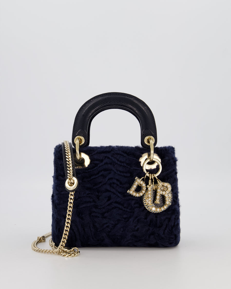 Christian Dior Mini Lady Dior Bag in Astrakhan Fur with Python Leather and Gold Hardware