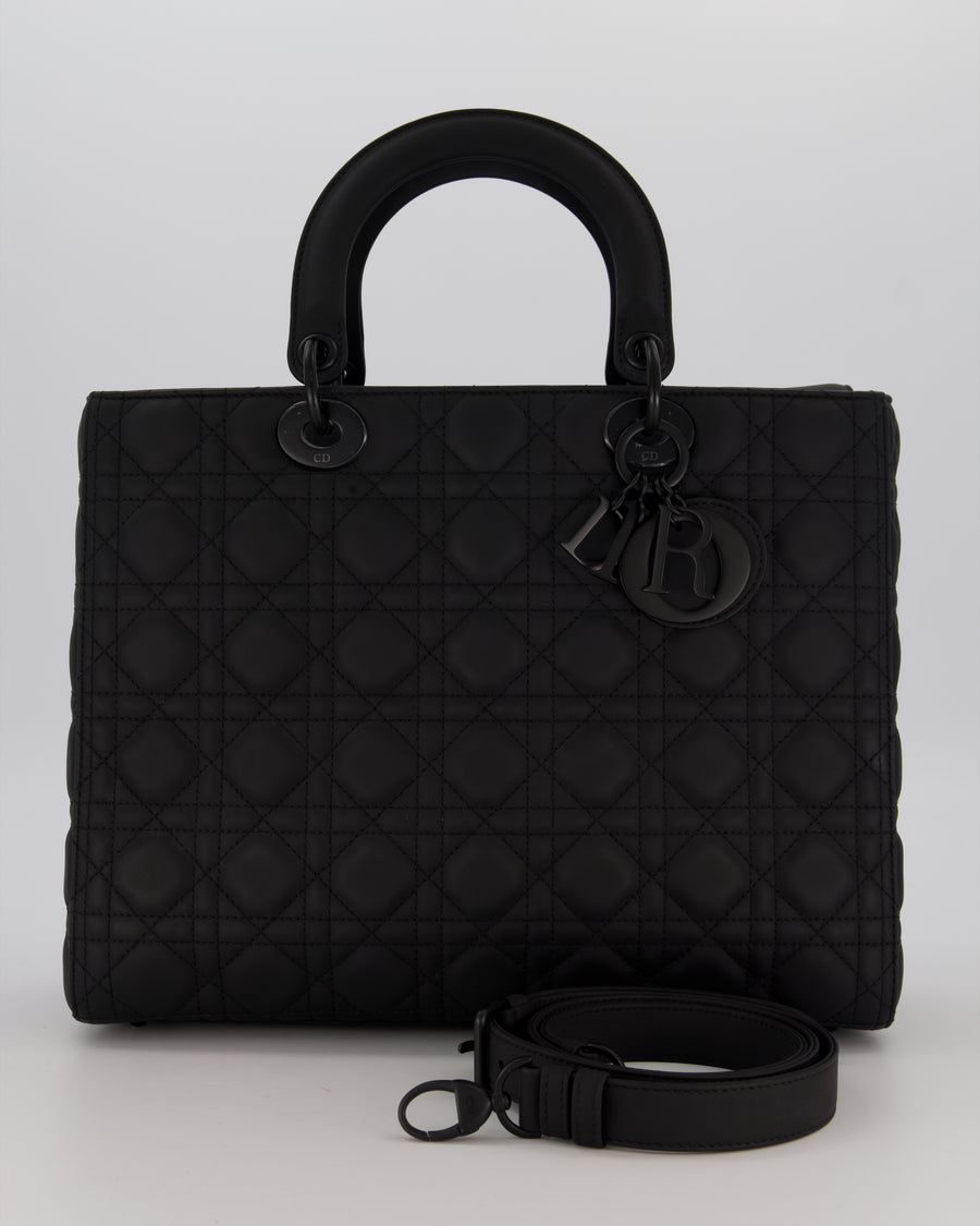 Christian Dior Black Ultramatte Large Lady Dior Bag in Lambskin Leather With Black Metal Hardware