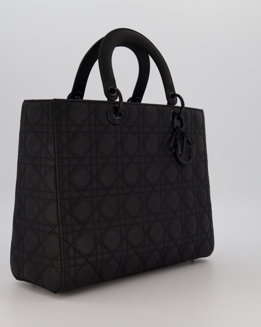 Christian Dior Black Ultramatte Large Lady Dior Bag in Lambskin Leather With Black Metal Hardware