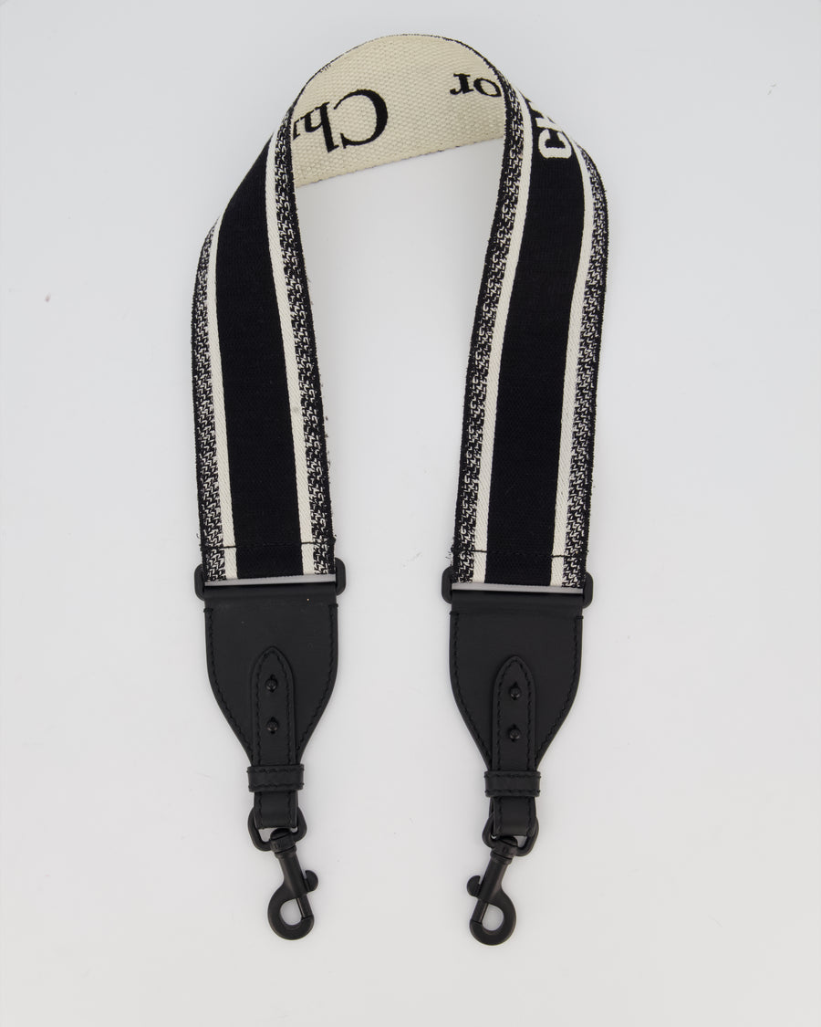 Christian Dior Black Ecru Canvas Guitar Bag Strap with Black Metal Hardware & Black Leather