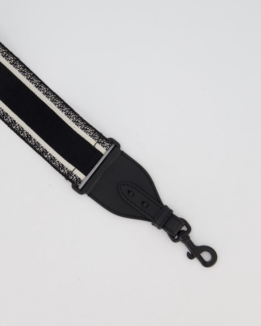 Christian Dior Black Ecru Canvas Guitar Bag Strap with Black Metal Hardware & Black Leather