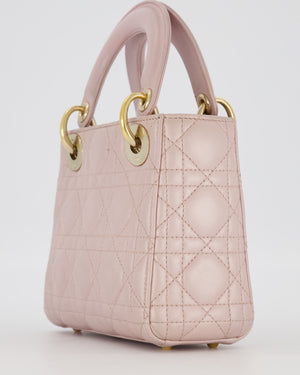Christian Dior Mini Lady Dior Bag in Pearlescent Pink Lambskin Leather with Champagne Gold Hardware
