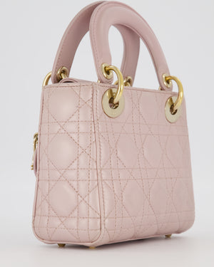 Christian Dior Mini Lady Dior Bag in Pearlescent Pink Lambskin Leather with Champagne Gold Hardware