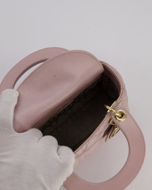 Christian Dior Mini Lady Dior Bag in Pearlescent Pink Lambskin Leather with Champagne Gold Hardware