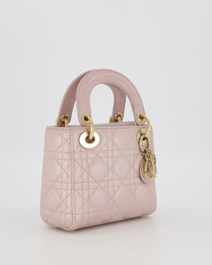 Christian Dior Mini Lady Dior Bag in Pearlescent Pink Lambskin Leather with Champagne Gold Hardware