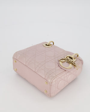Christian Dior Mini Lady Dior Bag in Pearlescent Pink Lambskin Leather with Champagne Gold Hardware