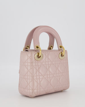 Christian Dior Mini Lady Dior Bag in Pearlescent Pink Lambskin Leather with Champagne Gold Hardware