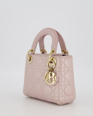 Christian Dior Mini Lady Dior Bag in Pearlescent Pink Lambskin Leather with Champagne Gold Hardware