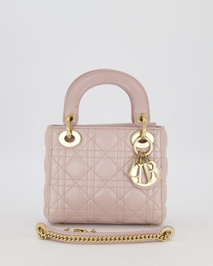 Christian Dior Mini Lady Dior Bag in Pearlescent Pink Lambskin Leather with Champagne Gold Hardware