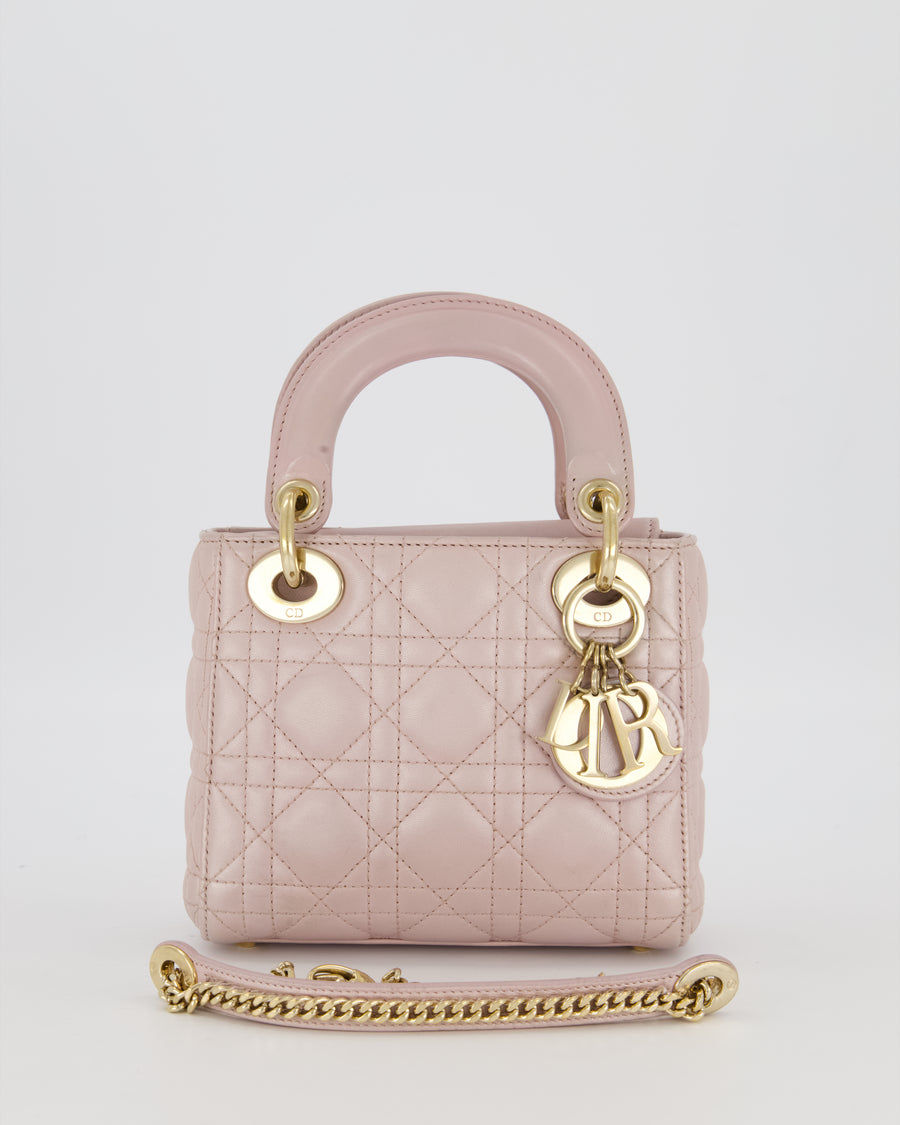 Christian Dior Mini Lady Dior Bag in Pearlescent Pink Lambskin Leather with Champagne Gold Hardware