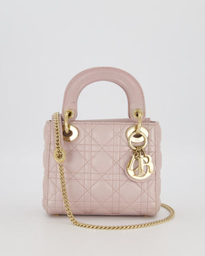 Christian Dior Mini Lady Dior Bag in Pearlescent Pink Lambskin Leather with Champagne Gold Hardware
