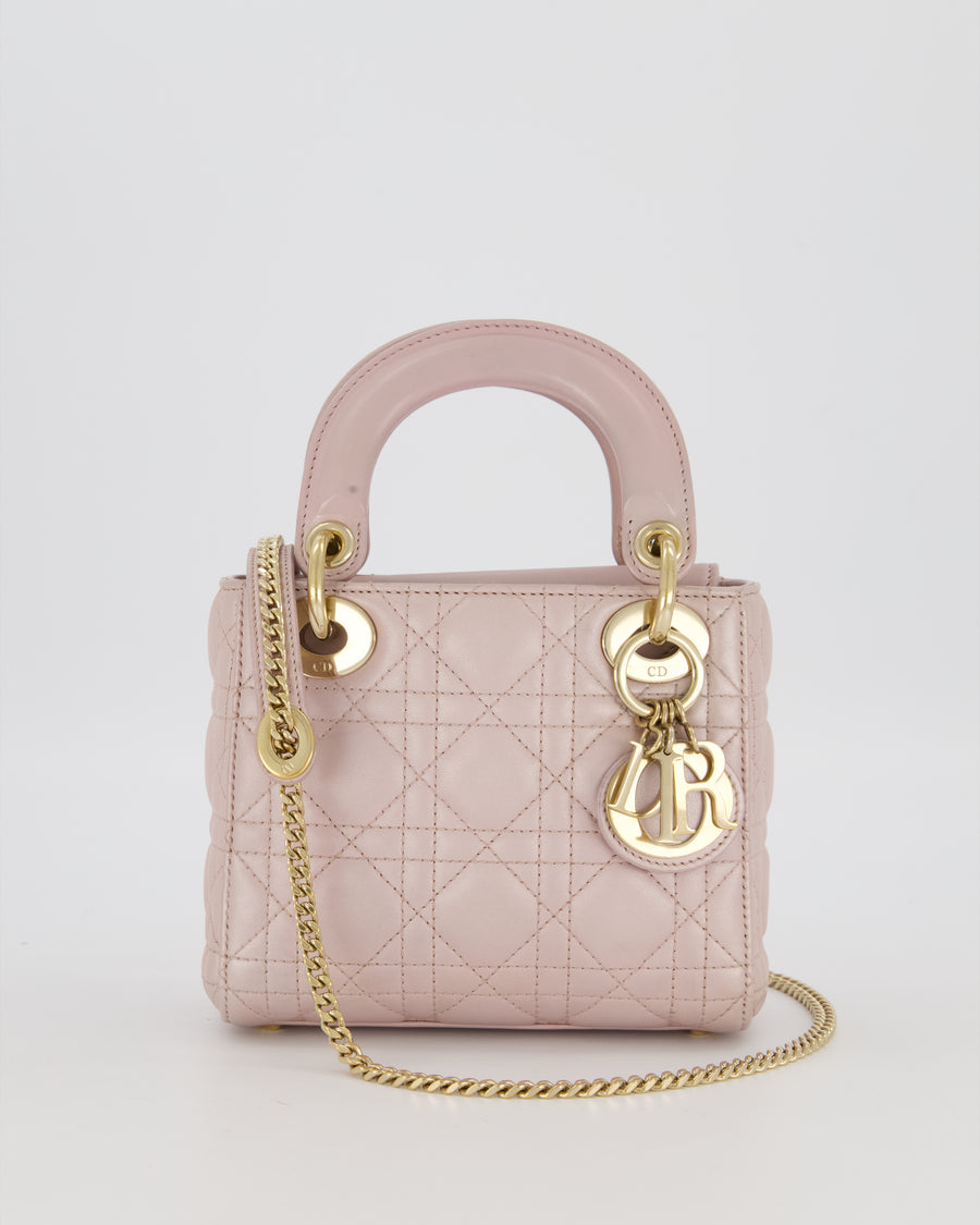 Christian Dior Mini Lady Dior Bag in Pearlescent Pink Lambskin Leather with Champagne Gold Hardware