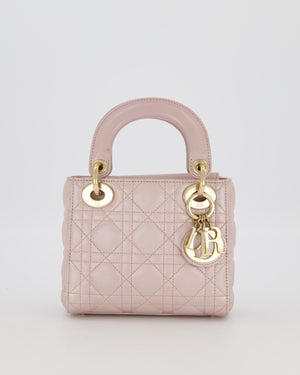 Christian Dior Mini Lady Dior Bag in Pearlescent Pink Lambskin Leather with Champagne Gold Hardware