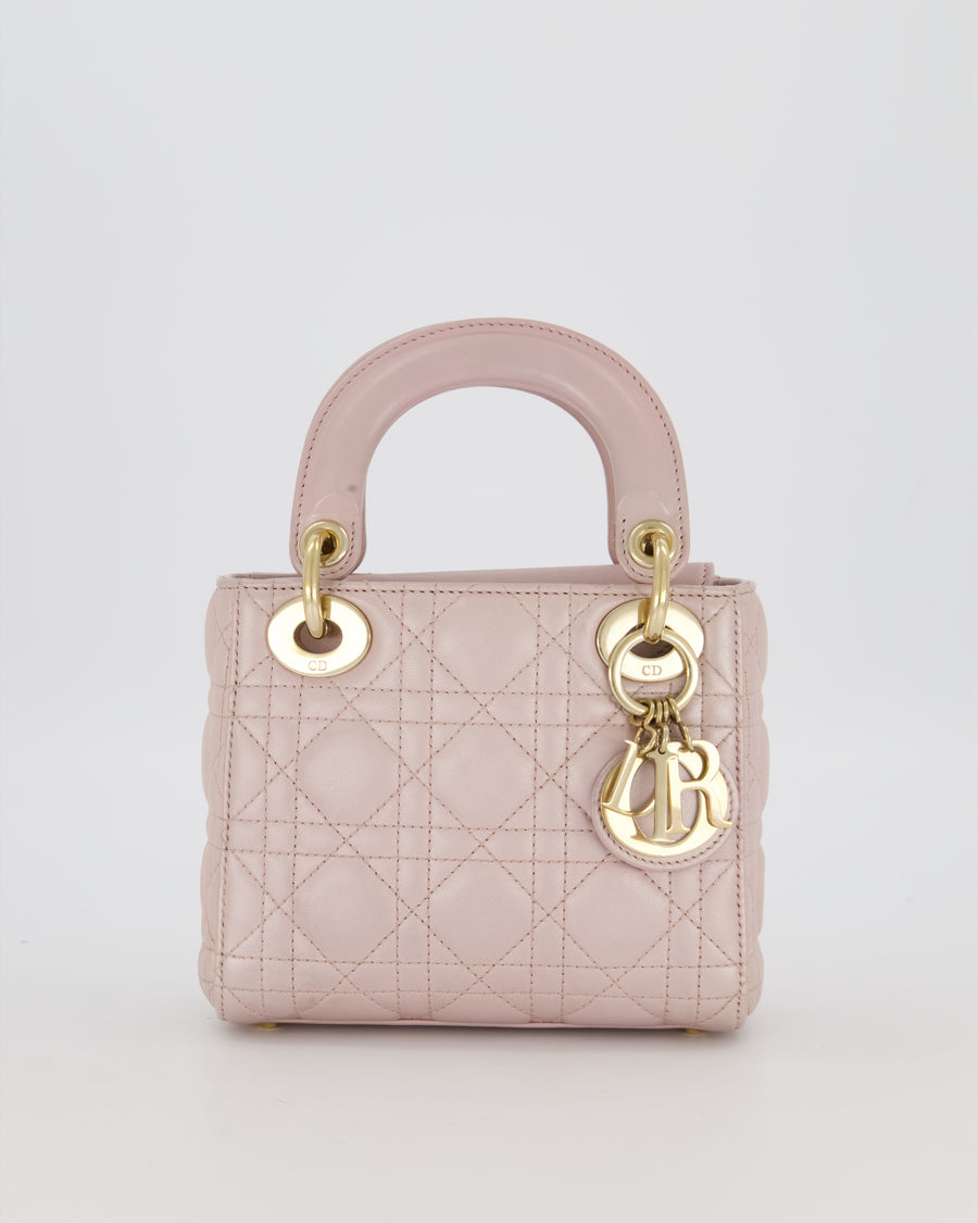 Christian Dior Mini Lady Dior Bag in Pearlescent Pink Lambskin Leather with Champagne Gold Hardware
