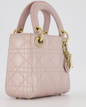Christian Dior Mini Lady Dior Bag in Pearlescent Pink Lambskin Leather with Champagne Gold Hardware