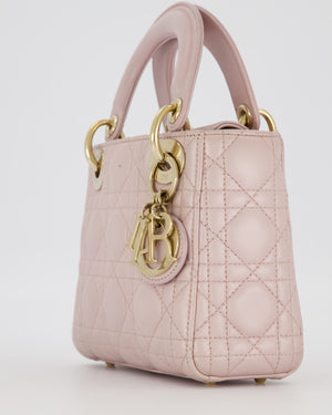 Christian Dior Mini Lady Dior Bag in Pearlescent Pink Lambskin Leather with Champagne Gold Hardware