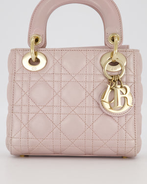 Christian Dior Mini Lady Dior Bag in Pearlescent Pink Lambskin Leather with Champagne Gold Hardware
