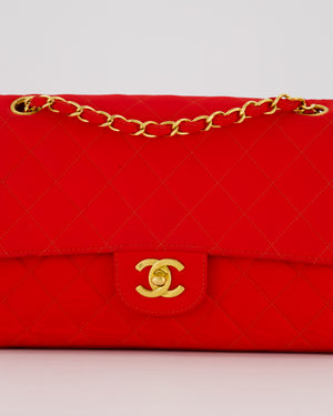 Chanel Red Vintage Medium Classic Single Flap Bag in Satin Material with 24K Gold Hardware