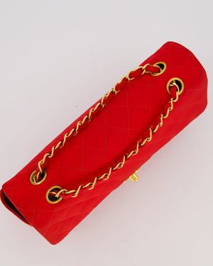 Chanel Red Vintage Medium Classic Single Flap Bag in Satin Material with 24K Gold Hardware
