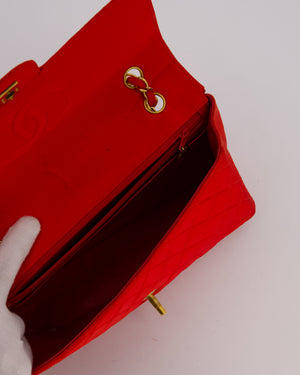 Chanel Red Vintage Medium Classic Single Flap Bag in Satin Material with 24K Gold Hardware