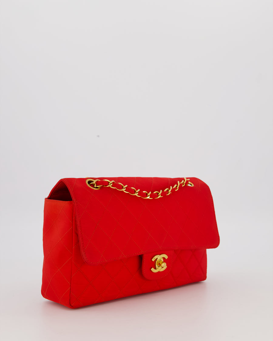 Chanel Red Vintage Medium Classic Single Flap Bag in Satin Material with 24K Gold Hardware