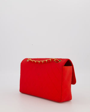 Chanel Red Vintage Medium Classic Single Flap Bag in Satin Material with 24K Gold Hardware