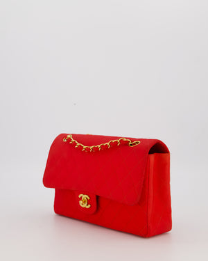 Chanel Red Vintage Medium Classic Single Flap Bag in Satin Material with 24K Gold Hardware