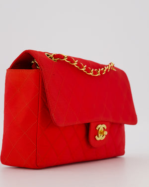 Chanel Red Vintage Medium Classic Single Flap Bag in Satin Material with 24K Gold Hardware