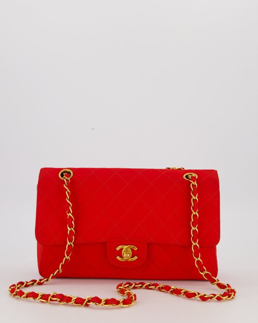Chanel Red Vintage Medium Classic Single Flap Bag in Satin Material with 24K Gold Hardware