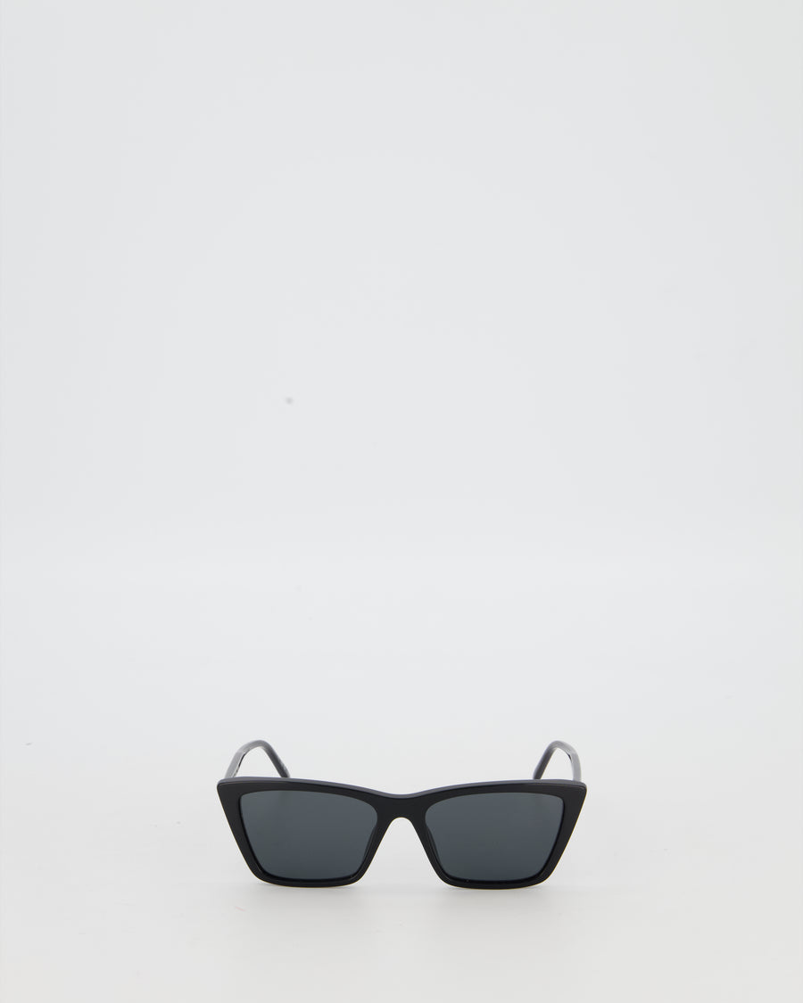 Saint Laurent Black Mica Thin Cat Eye Sunglasses with Engraved Logo Detail