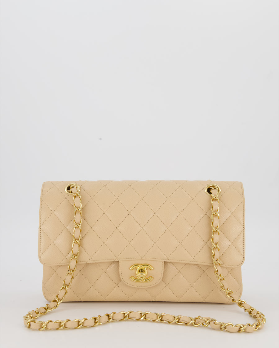 Chanel Medium Classic Double Flap Bag in Beige Clair Caviar Leather with Gold Hardware
