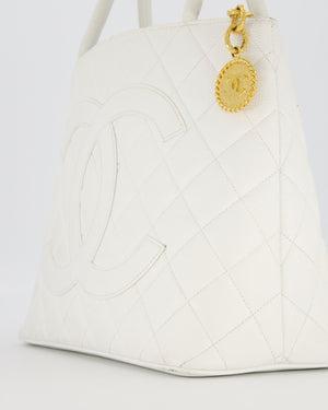Chanel Vintage Medallion Tote in White Quilted Caviar Leather with Gold Hardware