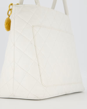Chanel Vintage Medallion Tote in White Quilted Caviar Leather with Gold Hardware
