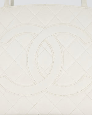Chanel Vintage Medallion Tote in White Quilted Caviar Leather with Gold Hardware