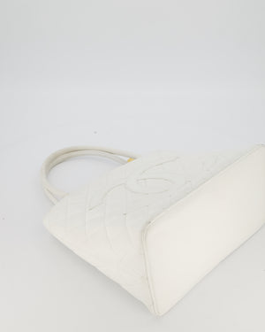 Chanel Vintage Medallion Tote in White Quilted Caviar Leather with Gold Hardware
