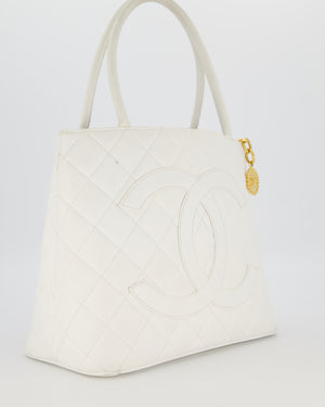 Chanel Vintage Medallion Tote in White Quilted Caviar Leather with Gold Hardware