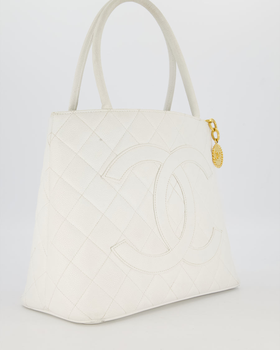 Chanel Vintage Medallion Tote in White Quilted Caviar Leather with Gold Hardware
