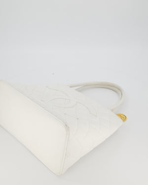 Chanel Vintage Medallion Tote in White Quilted Caviar Leather with Gold Hardware