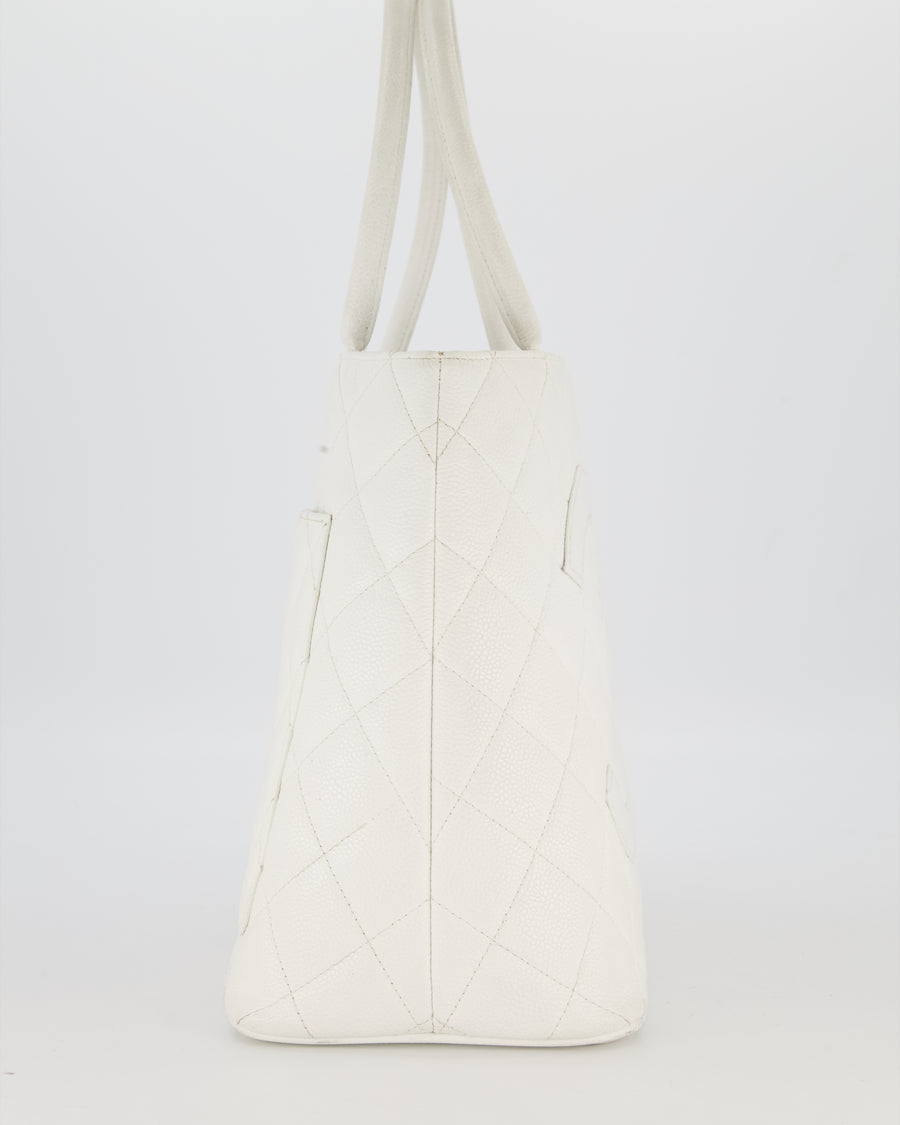 Chanel Vintage Medallion Tote in White Quilted Caviar Leather with Gold Hardware