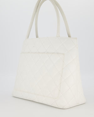 Chanel Vintage Medallion Tote in White Quilted Caviar Leather with Gold Hardware