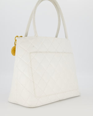 Chanel Vintage Medallion Tote in White Quilted Caviar Leather with Gold Hardware