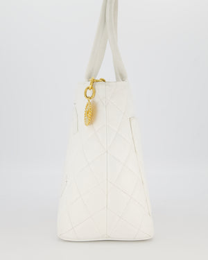 Chanel Vintage Medallion Tote in White Quilted Caviar Leather with Gold Hardware