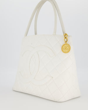 Chanel Vintage Medallion Tote in White Quilted Caviar Leather with Gold Hardware