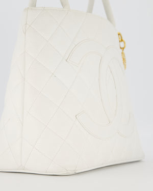 Chanel Vintage Medallion Tote in White Quilted Caviar Leather with Gold Hardware