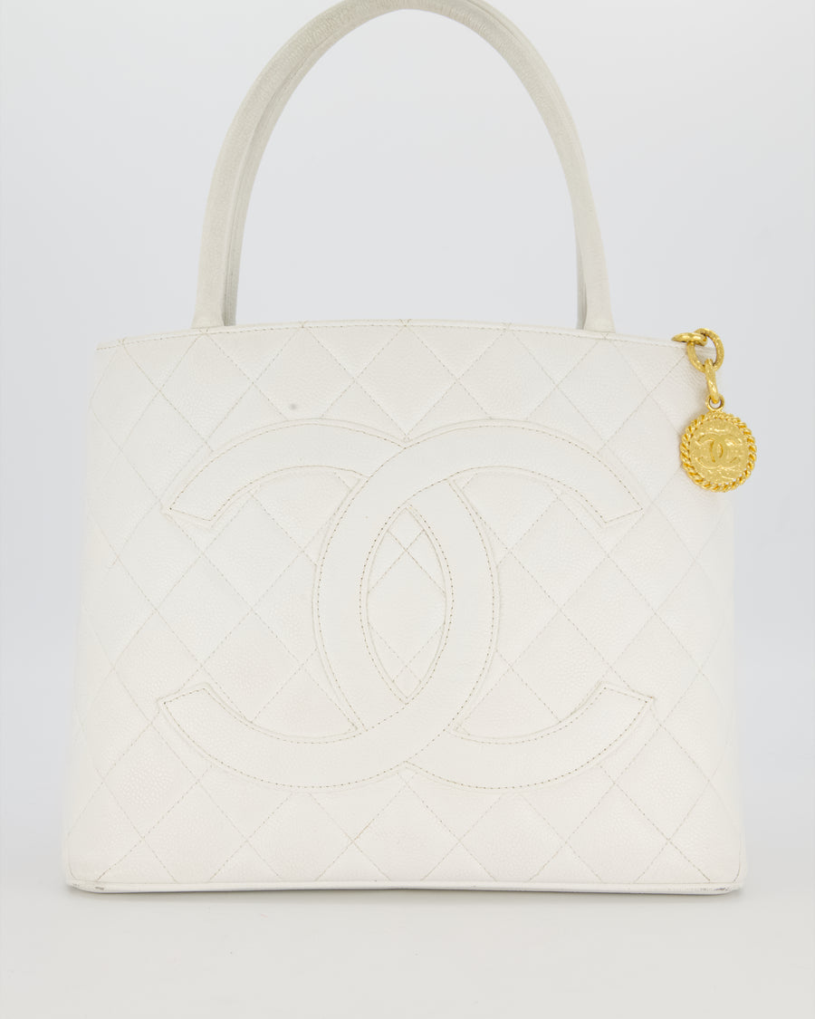 Chanel Vintage Medallion Tote in White Quilted Caviar Leather with Gold Hardware
