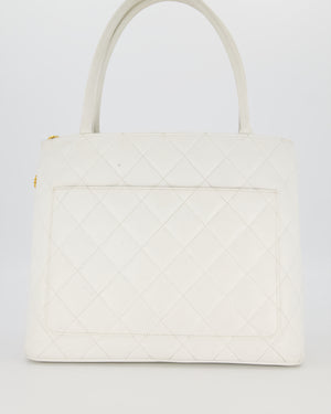 Chanel Vintage Medallion Tote in White Quilted Caviar Leather with Gold Hardware