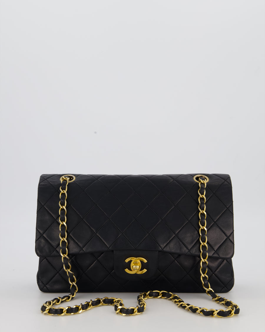 *HOT* Chanel Vintage Medium Classic Double Flap Bag in Black Lambskin Leather with 24K Gold Hardware
