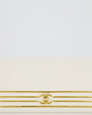 Chanel 19C Captain Clutch Bag in White Caviar Leather with Gold Hardware and Gold Bar Detailing