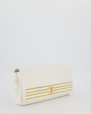 Chanel 19C Captain Clutch Bag in White Caviar Leather with Gold Hardware and Gold Bar Detailing