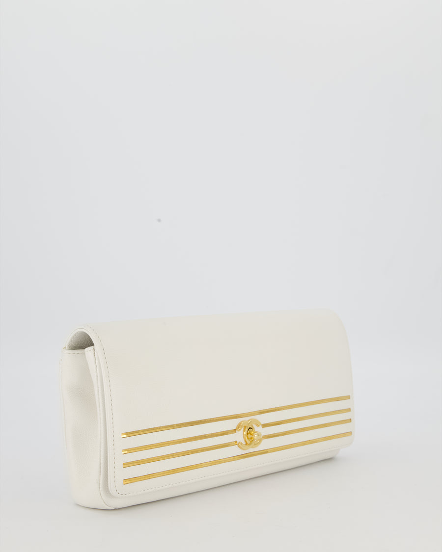 Chanel 19C Captain Clutch Bag in White Caviar Leather with Gold Hardware and Gold Bar Detailing